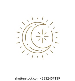 Spiritual magic half moon in sun beams natural light mythic esoteric symbol decorative design line art icon vector illustration. Occultism magical practice glowing harmony life balance linear emblem