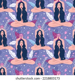 Spiritual magician girl, dream, thought and meditation concept. vector seamless pattern