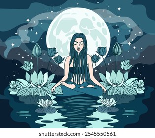 Chica maga espiritual, sueño, pensamiento y concepto de meditación. 