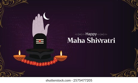 A spiritual Maha Shivratri greeting featuring a Shivling, hand gesture, diyas, and "Happy Maha Shivratri" text, celebrating the festival of Lord Shiva