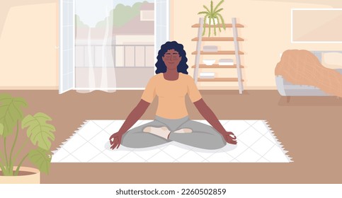 Spiritual mindfulness meditation flat color vector illustration. Young woman with closed eyes on throw rug. Fully editable 2D simple cartoon character with cozy living room interior on background