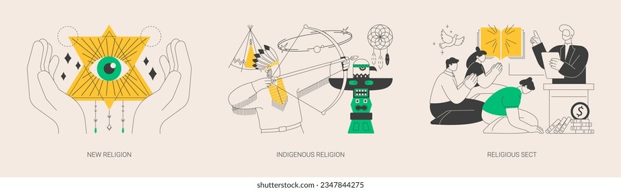 Spiritual movement abstract concept vector illustration set. New religion, indigenous religion, religious sect, ancient culture, sacred ritual, praying to god, anglican church abstract metaphor.