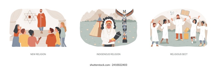 Spiritual movement isolated concept vector illustration set. New religion, indigenous religion, religious sect, ancient culture, sacred ritual, praying to god, anglican church vector concept.