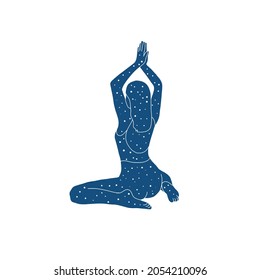 Spiritual mystical Woman in yoga pose in blue color style. Asana. Hand drawn art. Healthy lifestyle. Open heart. Design for poster, sticker. Space and stars. 