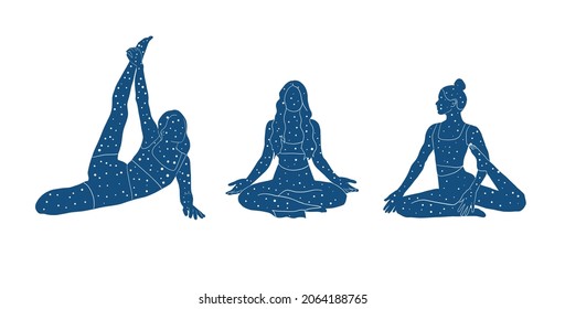 Spiritual mystical Woman in yoga pose in blue color style. Asana. Hand drawn art. Healthy lifestyle. Open heart. Design for poster, sticker. Space and stars. 