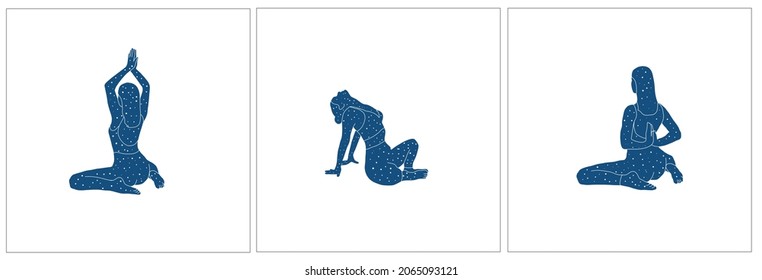 Spiritual mystical Woman in yoga pose in blue color style. Asana. Hand drawn art. Healthy lifestyle. Open heart. Design for poster, sticker. Space and stars. 