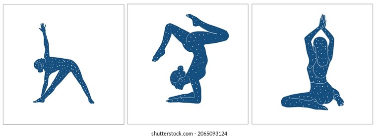 Spiritual mystical Woman in yoga pose in blue color style. Asana. Hand drawn art. Healthy lifestyle. Open heart. Design for poster, sticker. Space and stars. 