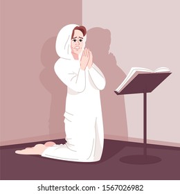 Spiritual obsession flat vector illustration. Religious dependence, mental disorder. Fanatic worshiper. Pious young woman kneeling, female believer praying passionately cartoon character