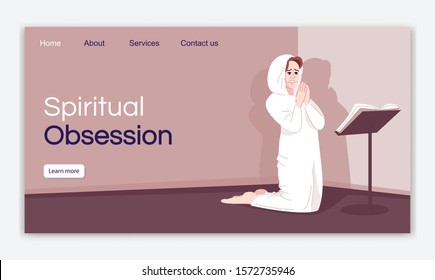 Spiritual obsession landing page vector template. Spiritist belief website interface idea with flat illustrations. Religious fanaticism homepage layout. Girl prays web banner, webpage cartoon concept