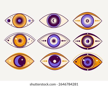 Spiritual Occult Eye Good Luck Charm Symbol. Bohemian Esoteric Amulet Cartoon Sign. Graphic Mystique Eyeball Vintage Halloween Logo. Eye Magic Protection Talisman Mascot Icon. Witch Craft Medallion.