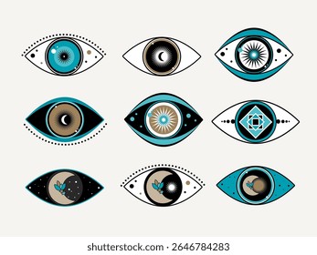 Spiritual Occult Eye Good Luck Charm Symbol. Bohemian Esoteric Amulet Cartoon Sign. Graphic Mystique Eyeball Vintage Halloween Logo. Eye Magic Protection Talisman Mascot Icon. Witch Craft Medallion.