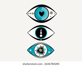 Spiritual Occult Eye Good Luck Charm Symbol. Bohemian Esoteric Amulet Cartoon Sign. Graphic Mystique Eyeball Vintage Halloween Logo. Eye Magic Protection Talisman Mascot Icon. Witch Craft Medallion.