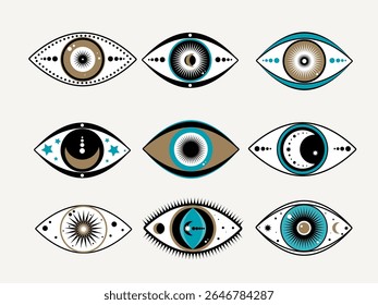 Símbolo de charme de boa sorte do olho oculto espiritual. Símbolo boêmio de desenho animado em amuleto esotérico. Gráfico Mística Eyeball Vintage Halloween Logo. Ícone do mascote do talismã da proteção mágica do olho. Medalhão de Bruxas.