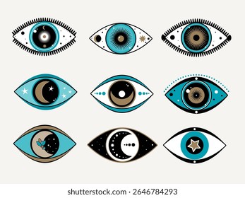 Spiritual Occult Eye Good Luck Charm Symbol. Bohemian Esoteric Amulet Cartoon Sign. Graphic Mystique Eyeball Vintage Halloween Logo. Eye Magic Protection Talisman Mascot Icon. Witch Craft Medallion.