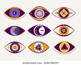 Spiritual Occult Eye Good Luck Charm Symbol. Bohemian Esoteric Amulet Cartoon Sign. Graphic Mystique Eyeball Vintage Halloween Logo. Eye Magic Protection Talisman Mascot Icon. Witch Craft Medallion.