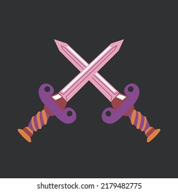 Spiritual and occultic symbols, magic cards with crossed swords. Sign of battle and fight. Prediction and fortune telling, mysticism and witchcraft and sorcery cultural ritual. Vector in flat style