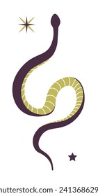 Spiritual occultism objects, snake with stars. Symbol of transformation, mystery and esoteric knowledge. Wildlife creatures. Poisonous and venomous, ecosystem and zoology. Vector in flat style