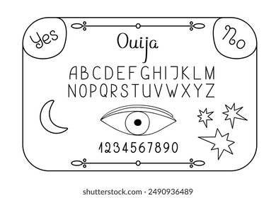 Spiritual Ouija magic board with numbers, letters doodle hand drawn vector illustration, esoteric table or witchcraft symbol of Halloween scary holiday, seasonal autumn image