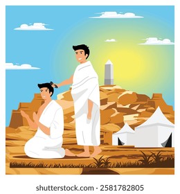 A spiritual pilgrimage where people perform the Hajj ritual by shaving their heads on a sunny day in a peaceful environment. Flat vector modern illustration 