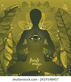 Afiche espiritual para magia femenina, mujer en meditación con tercer ojo en su corazón, ilustración vectorial