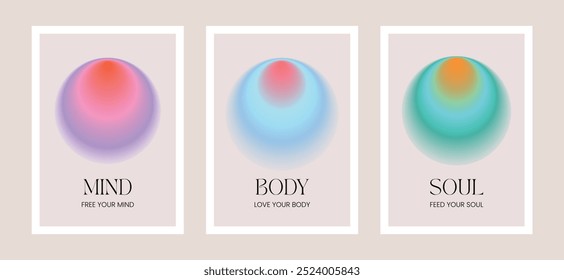 Spiritual poster set: mind, body, soul harmony. Round aura gradient and positive, inspirational quotes. Personal growth and self-love prints.