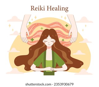 Spiritual practice. Reiki. Energy healing technique. Asian woman with hand movements, flow of healthy energy. Harmony, relaxation and healthy lifestyle. Flat vector illustration