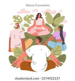 Spiritual Practices concept. Group meditation and connection with nature. People practicing mindfulness amidst lush foliage. Vector illustration.