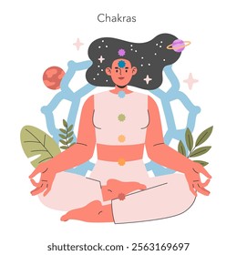 Spiritual Practices concept. Illustration of a person meditating with chakras aligned and cosmic elements, symbolizing inner peace and balance. Vector illustration.