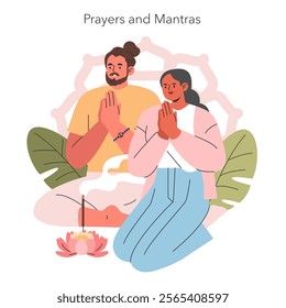 Spiritual practices concept. Man and woman meditating with prayer gestures. Inner peace through chants and devotion. Vector illustration.