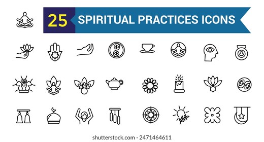 Spiritual practices icons set. Outline set of spiritual practices vector icons for ui design. Outline icon collection. Editable stroke.