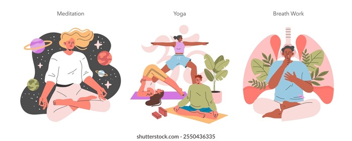 Spiritual Practices set. Individuals engaged in meditation, yoga, and breath work for inner peace. Cosmic and natural elements enhance serenity. Vector illustration.