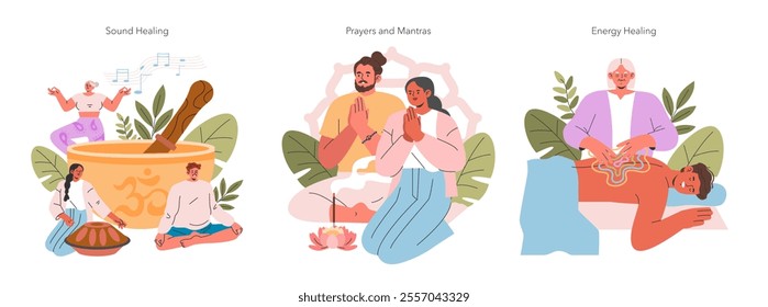 Spiritual Practices set. Individuals engaging in sound healing, prayers and mantras, and energy healing rituals. Mindfulness, tranquility, and wellness themes. Vector illustration.