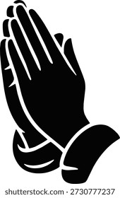 Spiritual praying hands silhouette in solid black flat vector style. Isolated on white background for faith, hope, and meditation concepts.