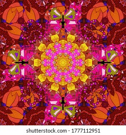 Spiritual and ritual symbol of Islam, Arabic, Indian religions. Geometric circle element in glod colors. Vector Round Ornament Pattern. Mandala on magenta, red and orange colors.