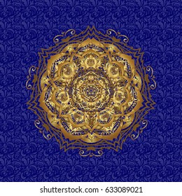 Spiritual and ritual symbol of Islam, Arabic, Indian religions. Golden Mandala. Oriental motifs. Vector geometric circle elements. Round Ornament Pattern on a blue background.