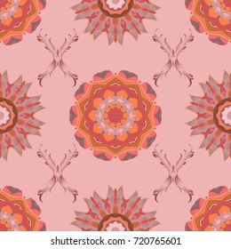 Spiritual and ritual symbol of Islam, Arabic, Indian religions. Vector Round Ornament Pattern. Mandala on pink, neutral and orange colors. Geometric circle element in rose gold colors.