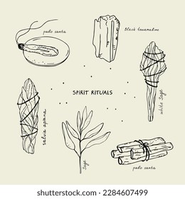 Rituales espirituales. Ilustración con salvia, planta sagrada Palo Santo, tormalina, palos de aromaterapia, plantas fumigantes.Estilo de vida. Conjunto místico dibujado a mano con nombres manuscritos de objetos.Vector