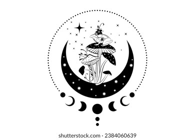 Spiritual sacred frog over magic mushroom in witchcraft crescent moon. Mystical celestial toad with moon phases and stars. Witchy esoteric fungus logo tattoo. wiccan clipart isolated on white 