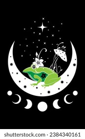 Spiritual sacred frog over magic mushroom in witchcraft crescent moon. Mystical celestial toad with moon phases and stars. Witchy esoteric fungus logo tattoo. wiccan clipart isolated on black 