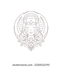 Spiritual sacred woman portrait with lotus flower and half moon line logo for spa meditation vector illustration. Mystic female witch face curved ornate icon for beauty salon skin care relax wellness