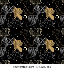 Spiritual seamless floral pattern. Flowers at night. 