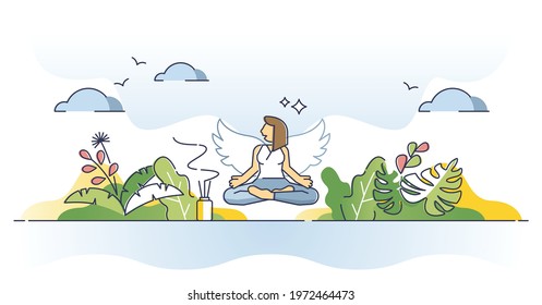 Spiritual Self Care And Mental Balance With Body Mindfulness Outline Concept. Meditation And Yoga With Lotus Pose And Relaxation Vector Illustration. Female Energy Recharge With Aromatherapy Session.