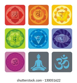 Spiritual set with chakras and yoga icons