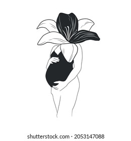 Spiritual style drawing of pregnant woman with flower. Lily. Hand drawn black and white female silhouette. Magic. Fantastic modern art. 