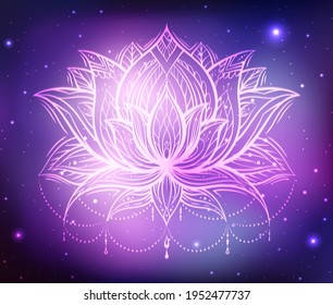 Spiritual symbol of lotus with tribal decoration on blurred cosmos and stars background. Calm and meditation. Water lily with boho ornament in universe