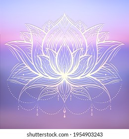Spiritual symbol of lotus with tribal decoration on gently blurred ocean and sunset background. Calm and meditation. Water lily with boho ornament on lilac sunrise sea.