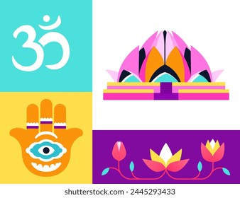 Spiritual symbols of India - set of flat design style illustrations. Colored images of Hamsa hand and Lotus Temple. Nagari or devanagari inscription. Eastern religion and the beauty of flowers