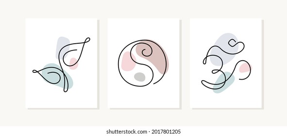 Spiritual symbols, meditation, yoga cards. Modern style artistic Om symbol, Yin Yang and fresh leaf. Continuous line pastel coloured vector illustration.