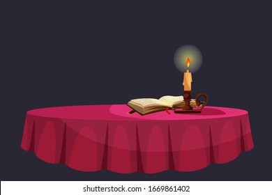 Spiritual table with burning candle, opened spell book isolated on dark background. Vector illustration