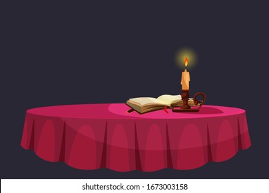 Spiritual table covered with pink tablecloth and burning candle, opened spell book isolated on dark background. Mystery, magnificent. Place for fortunetelling. Vector illustration